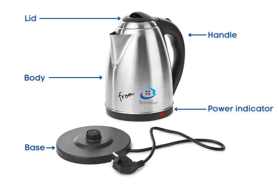 parts of an electric kettle- lid, base, handle body and power indicator