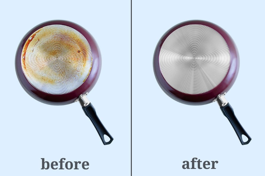 before and after photos of cleaning burnt utensils